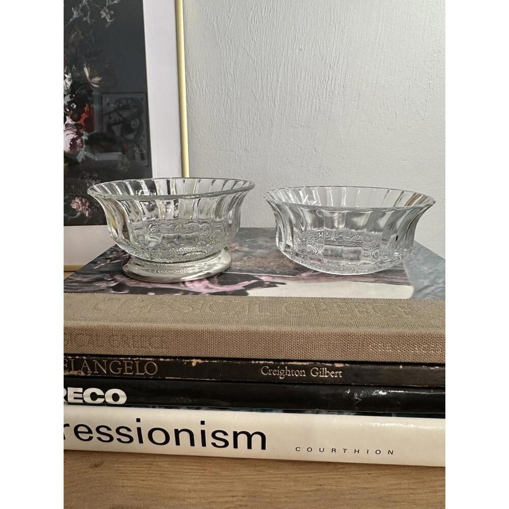 2 Vintage KIG Indonesia Pressed Glass Bowls One W/ A Silver Plate Base